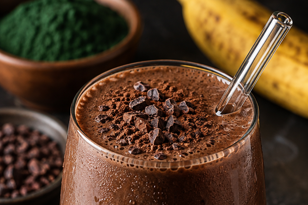 Creamy chocolate spirulina smoothie served in a glass